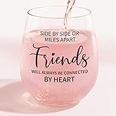 TIAOFENGZHEN Bestie Gifts for Women – 15oz Crystal Stemless Wine Glass With “Side by Side or Miles Apart Friends will Always be Connected by Heart” Quote, Long Distance Gifts, Christmas Gift