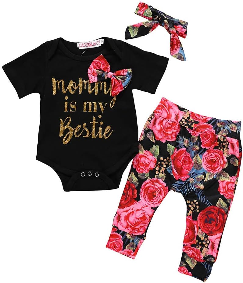 Newborn Infant Baby Girls New Years Letter Printing Romper+Floral Pants+Hairband 3 PCS Cute Black Princess Clothes Outfits