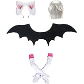 Shyyween Halloween Bat Cat Costume Accessory Include Bat Wings, Short White Wig, Faux Fur Fox Wolf Ears and Gloves for Women Men Adventurous Cosplay Party Costume Accessories