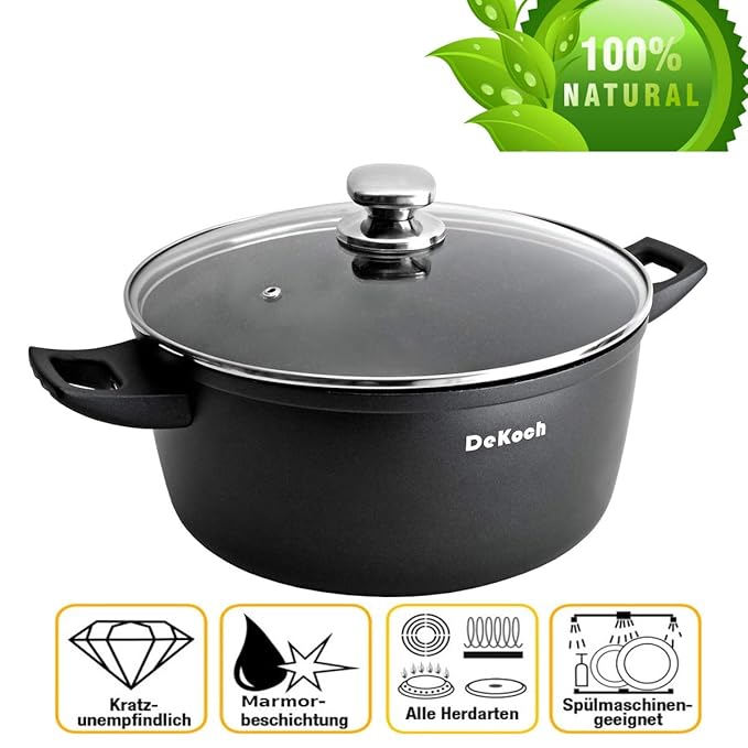 Ertex Aluguss Kochtopf 28 cm 8 Liter mit Glasdeckel Topf Marmor Granit Suppentopf Induktion Antihaftbeschichtung