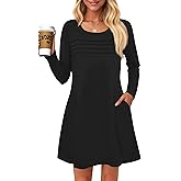 Wenrine Womens Long Sleeve Dress Fall Casual T Shirt Loose Fit Pleated Front Mini Dresses with Pockets