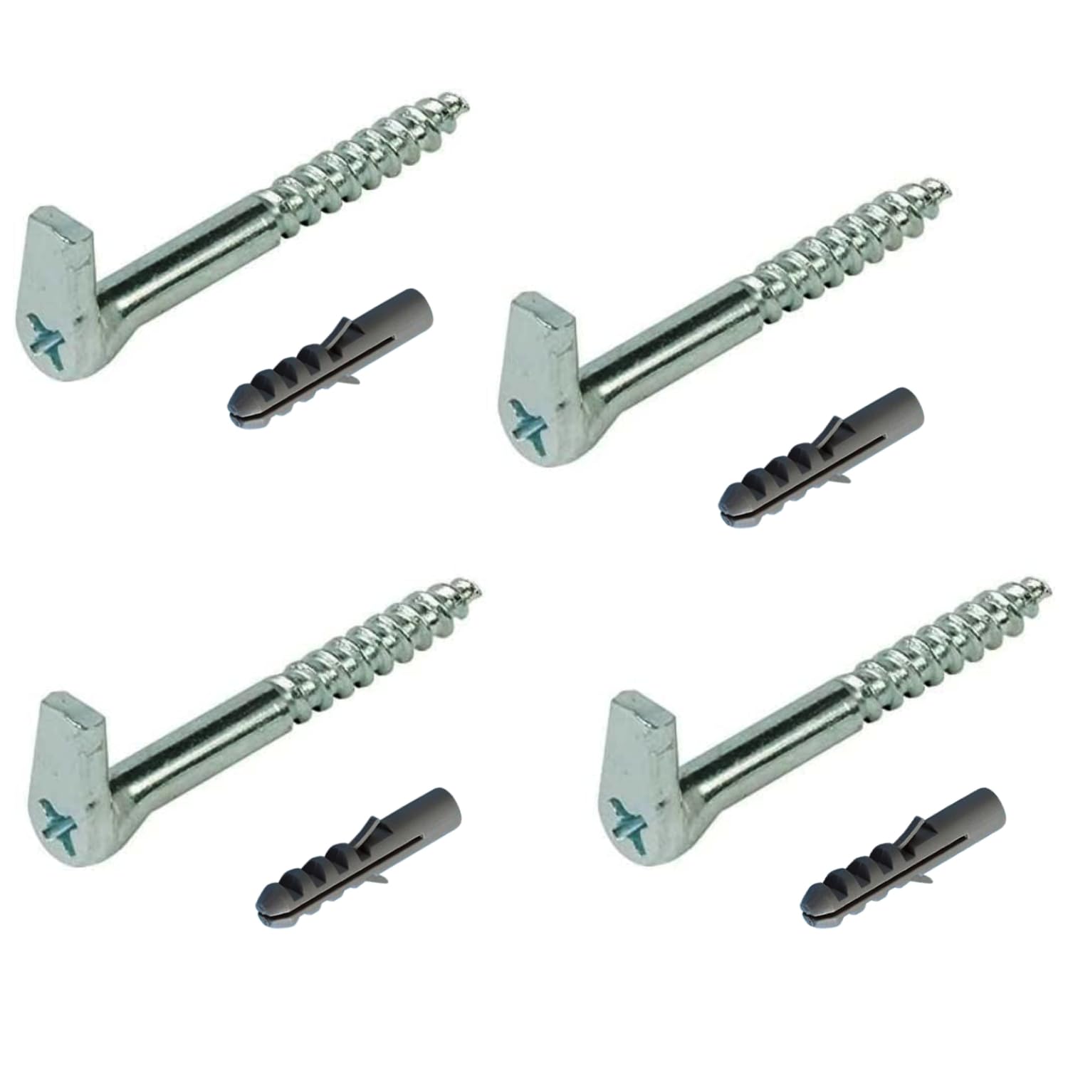 Screw Hooks with Cross Slot Heavy Duty Galvanised Steel Self Tapping Wood Square Hooks Metal Screw in Heavy Duty Dresser Cup Pack of 4 with Fixing (Hook Length 100 mm, Thread 5.8 mm)