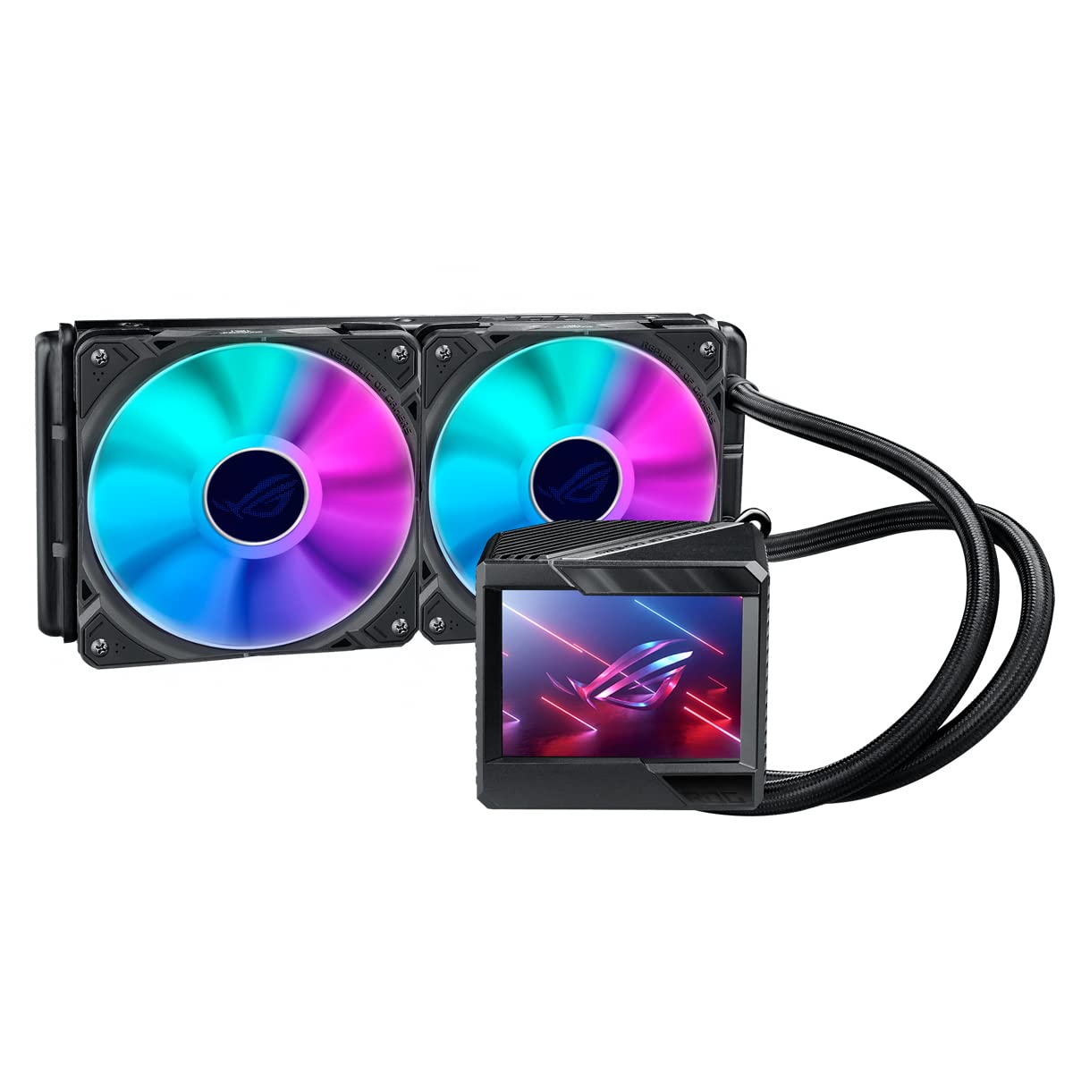 ASUS ROG Ryujin II 240 ARGB all-in-one liquid CPU cooler with 3.5" LCD, embedded pump fan and 2x ROG 120mm ARGB radiator fans