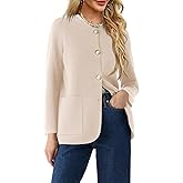 Langwyqu Womens Crew Neck Button Down Cardigan Sweaters Blazer Casual Long Sleeve Knit Solid Sweater with Pockets