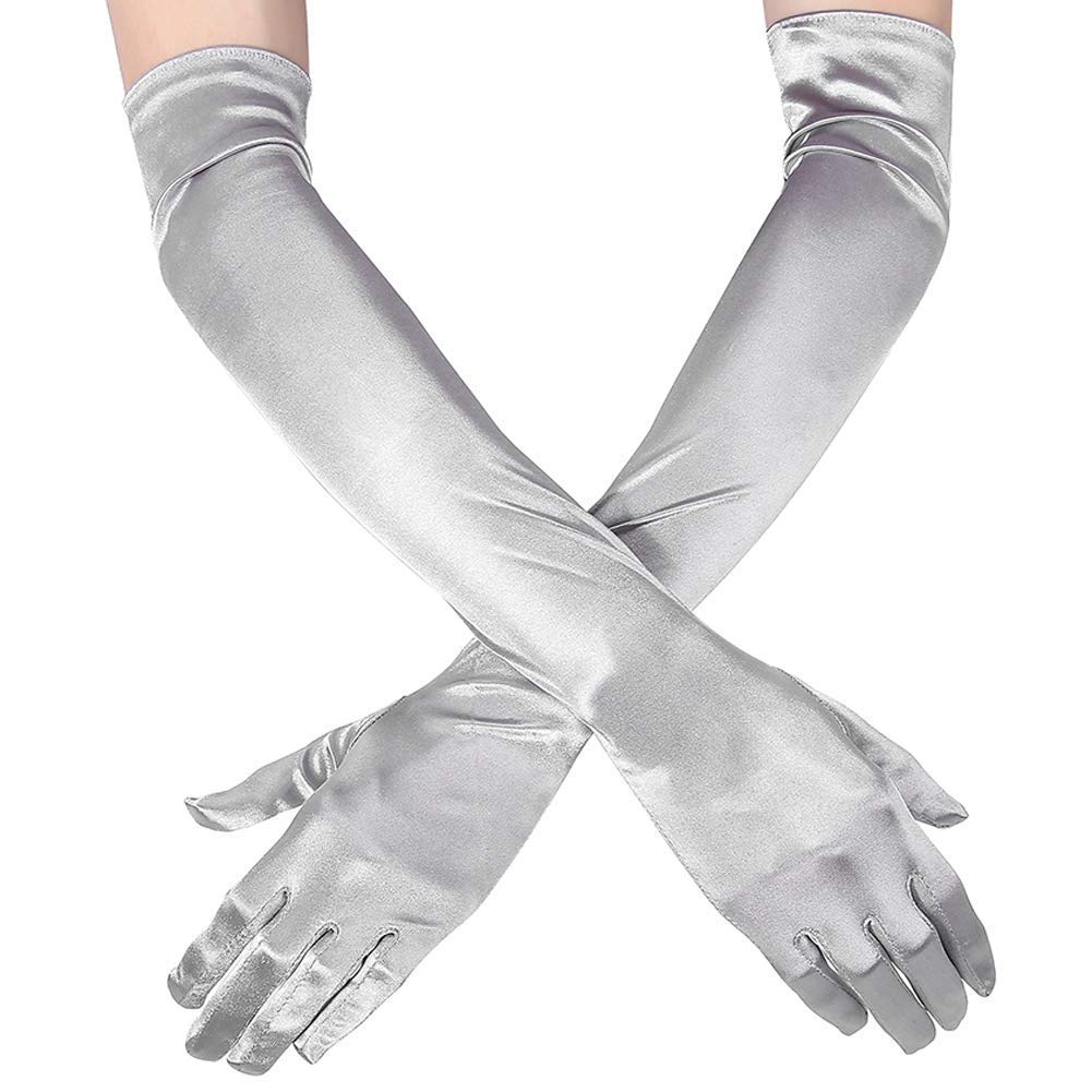 Ruiuzi Women Long Evening Gloves Satin Elbow Gloves Bridal Fancy Dress Gloves Wedding Prom Opera Gloves 1920s Style for Women (Silver)