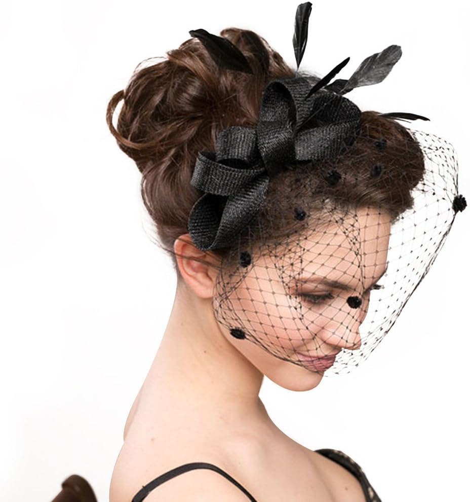 Yishik Elegant Women's Bowknot Feather Cocktail Party Veil Fascinator Hair Clip Hat, Ideal for Wedding Ladies Day Race Royal Ascot