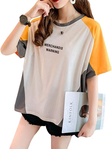 Amazon Shuming Tシャツ レディース 半袖 夏 カットソー ゆったり トップス バイカラー 切り替え ファッションtシャツ 大きいサイズ ティーシャツ 可愛い 通学 Tシャツ カットソー 通販