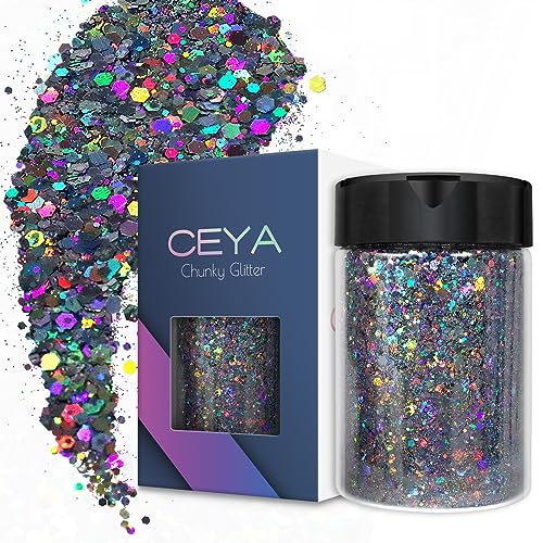 Ceya Holographic Chunky Glitter, 4.9oz/ 140g Silver Grey Craft Glitter Powder Mixed Chunky & Fine Flakes Iridescent Nail Sequins for Nail, Hair, Epoxy Resin, Tumblers, Slime, Painting, Festival Decor — image 1