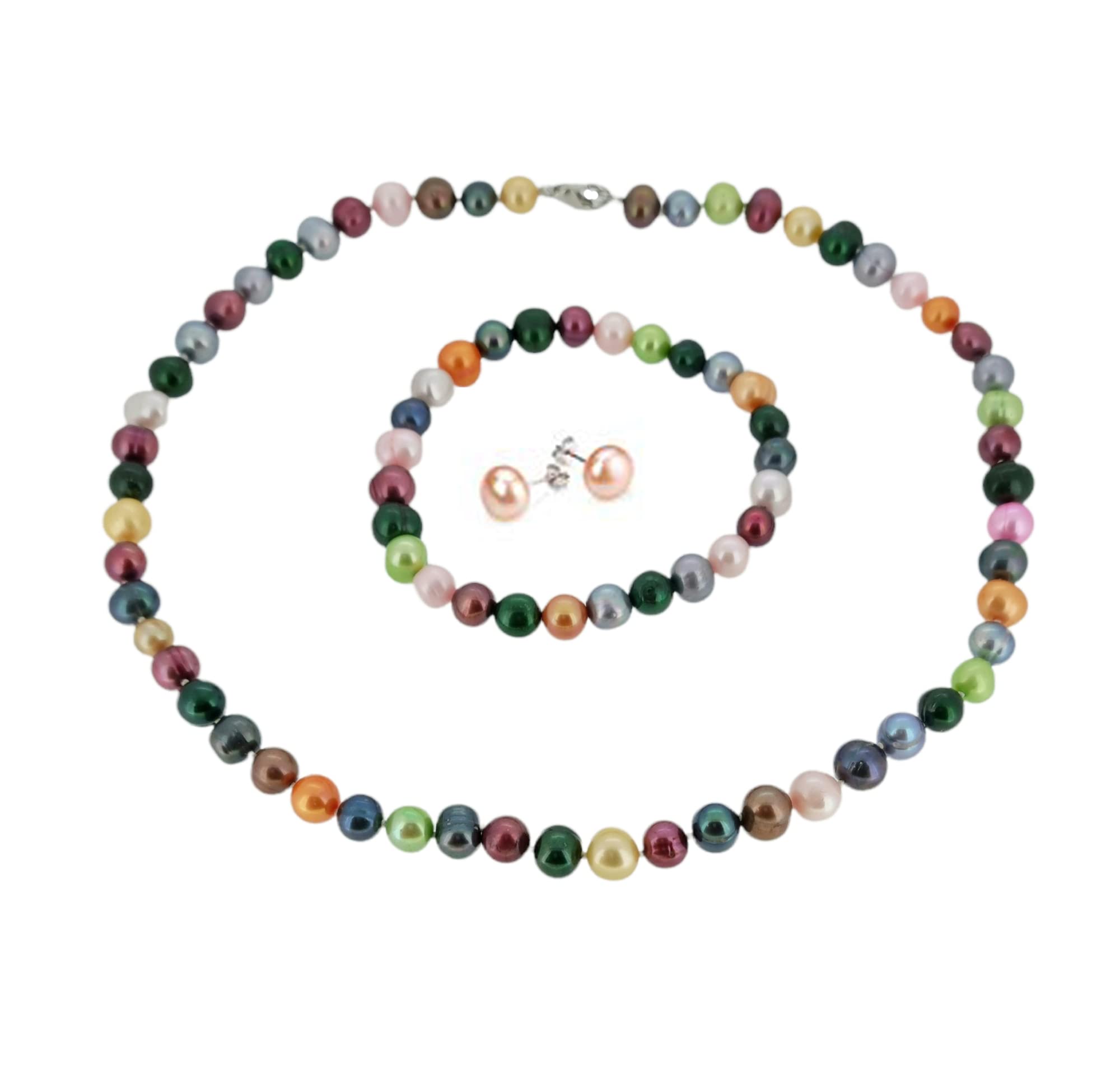 Treasure Bay Natural Freshwater Pearl Necklace Bracelet and Earrings Pearl Jewellery Set Multicolour