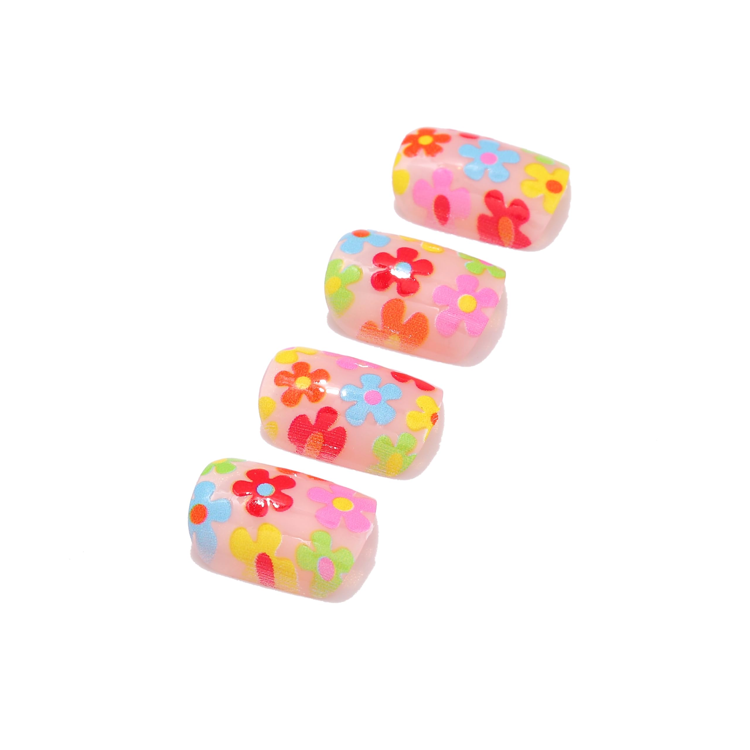 Vatocu Square False Nails Short Rainbow Flowers Press on Nails Summer Fake Nails Acrylic Stick on Nails for Women and Girls (24pcs）