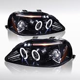 Autozensation Headlights For 1999-2000 Honda Civic Black Left+Right | Fits 1999-2000 Honda Civic 2/3/4DR Glossy Black Housing Smoke Lens Projector Headlights with Dual Halo &amp; LED Lights
