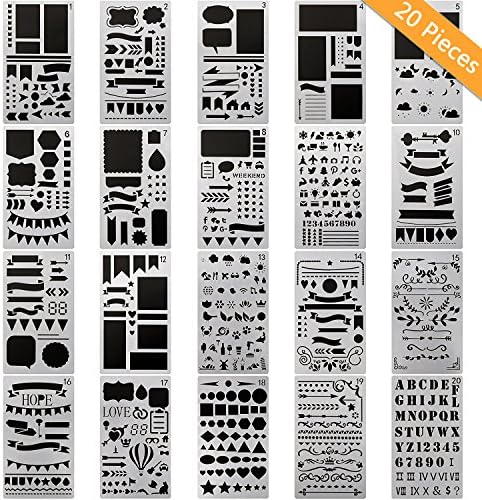 20 PCS Bullet Journal Stencil Plastic Planner Set for Journal/Notebook/Diary/Scrapbook/Art Craft Projects DIY Drawing Template 4x7 Inch