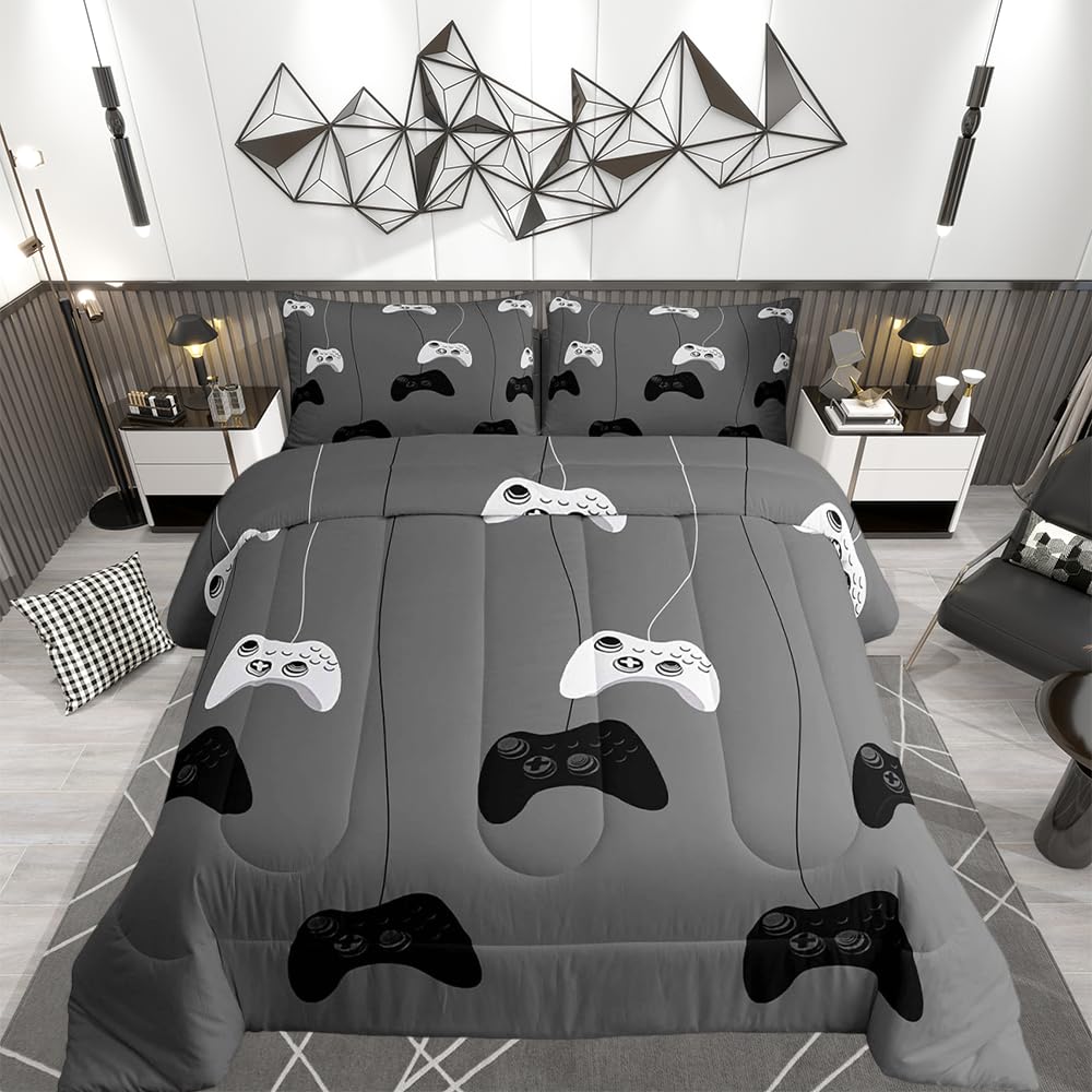 Loussiesd Gaming Duvet for Boys Gamer Duvet Insert, Reversible Geometric Pattern, Teens Kids Video Game Controller Home Decor for All Season Duvet with 2 Pillowshams (Grey, White) Double Size