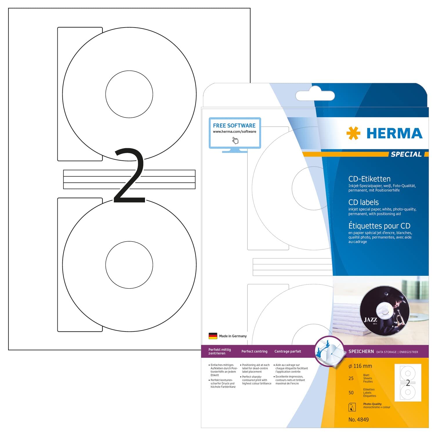 HERMA Self Adhesive High-Glossy Full Face CD Labels, 2 Labels Per A4 Sheet, 50 Labels For Inkjet Printers, Ø 116 mm (4849)