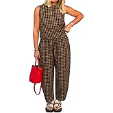 Sotimoon Womens 2 Piece Lounge Sets Cotton Plaid Crop Top High Waisted Baggy Ankle Barrel Pants Gingham Matching Set