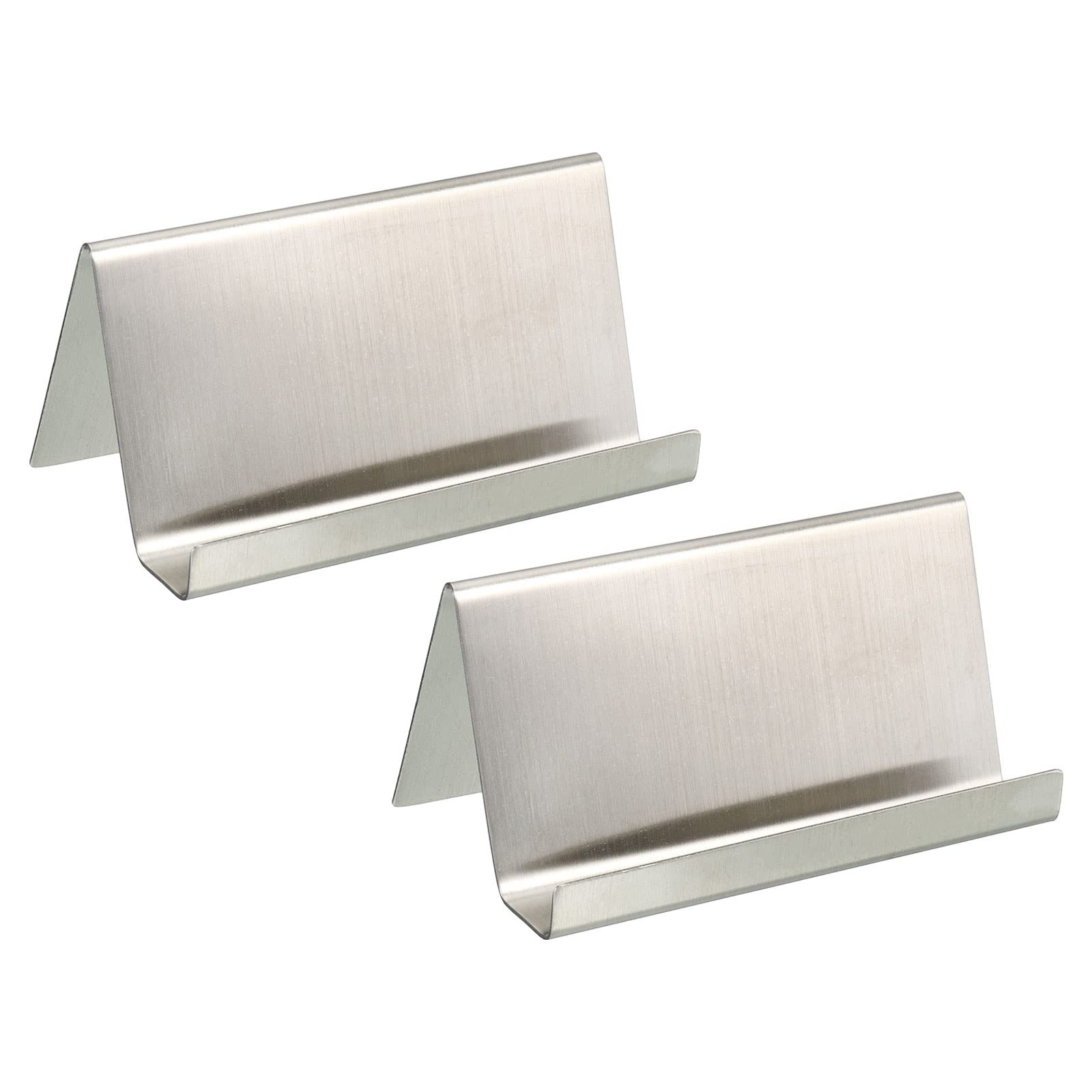 YOKIVE 2 Pcs Desktop Business Card Holder, Brushed Stainless Steel Style | Keep Cards Neat, Great for Office, Home, Daily Use (Silver, 3.5x2x1.8-Inch)