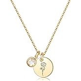Birth Flower Necklaces for Women, 18K Gold Plated Dainty Birthstone Pendant Necklaces Handmade Birth Month Flower Jewelry Disc Coin Birthday Gifts for Women Girls Teens