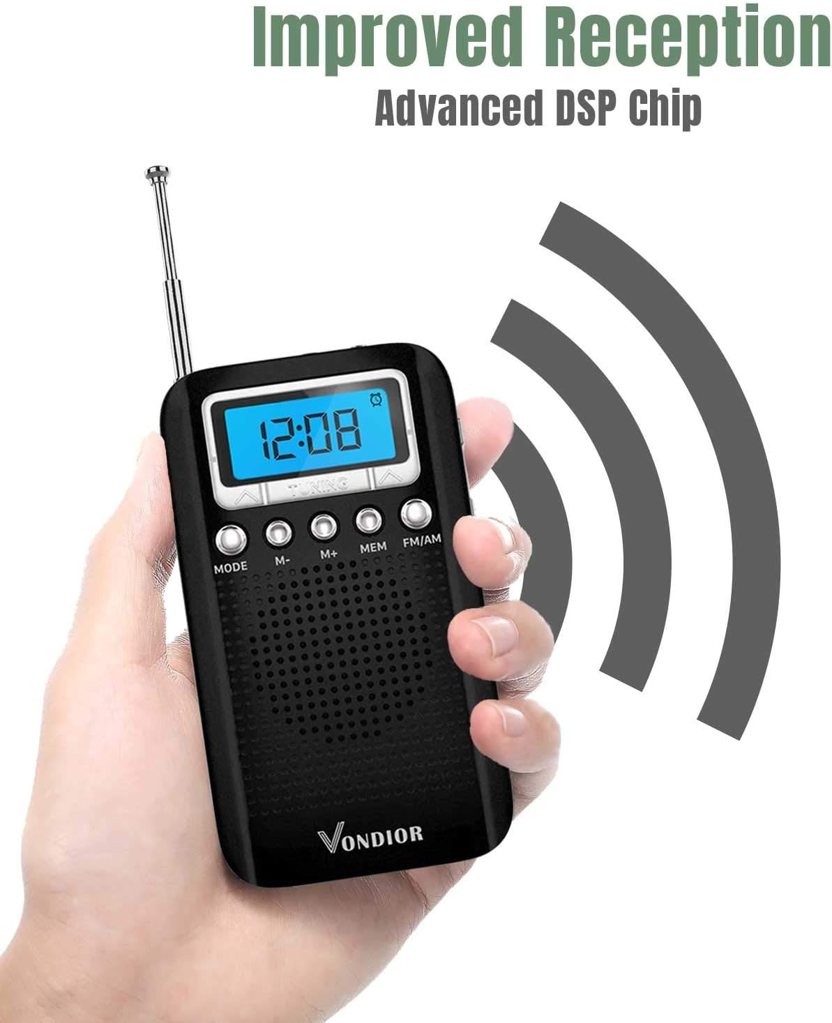 Digital AM FM Portable Pocket Radio with Alarm Clock- Best Reception and Longest Lasting. AM FM Compact Radio Player Operated by 2 AAA Battery, Stereo Headphone Socket (Black), by Vondior: Electronics