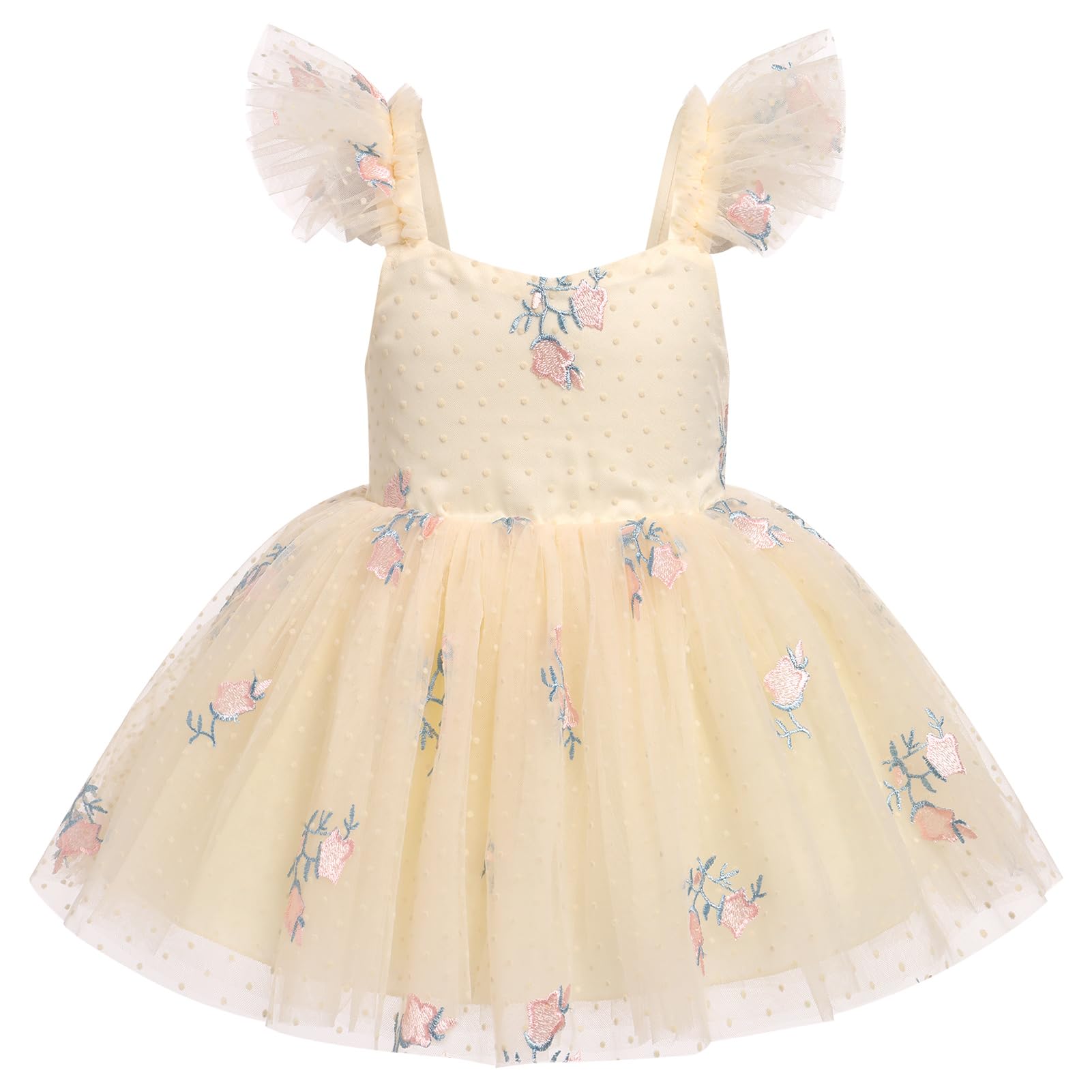 Photo 1 of IDOPIP Baby Girls Embroidery Floral Tutu Dress Summer Sleeveless Smocked Backless Princess Birthday Party Dresses Toddler Girl First Communion Pageant Flower Sundress Champagne - Floral 12-18 Months