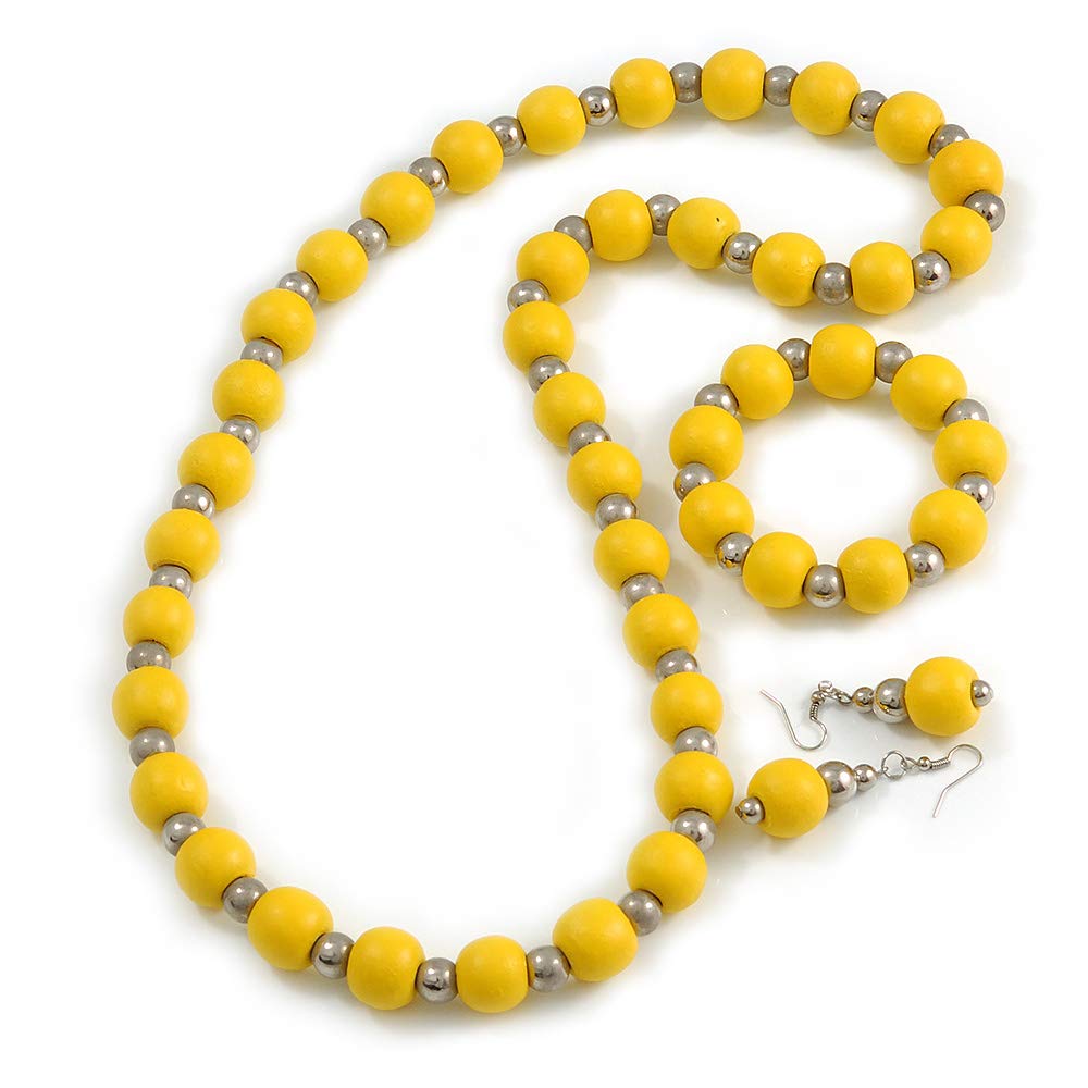 Avalaya Yellow Wood and Silver Acrylic Bead Necklace, Earrings, Bracelet Set - 70cm Long