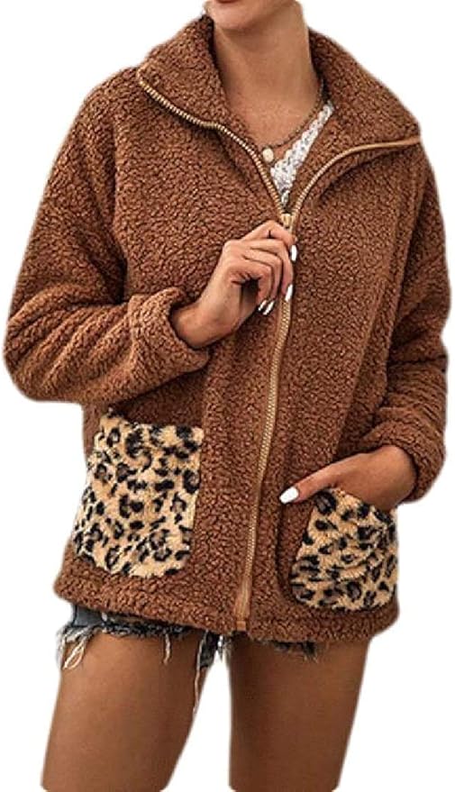 Women Leopard Print Fleece Zip-Up Pockets Basic Sweatshirt Jacket ...