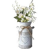 Vintage Iron Milk Can Vase, Rustic Farmhouse Metal Planter Bucket with Handle & Twine, Shabby Chic Flower Holder for Dried Floral Arrangements, Wedding Centerpiece, Home Table Fireplace Decor, 7.5''