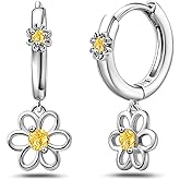 S925 Sterling Silver Flower Hoop Earrings Yellow CZ Daisy huggie Earrings Dainty Drop Dangle Earrings Hypoallergenic Flower Jewelry Gifts for Daughter Birthday Wedding