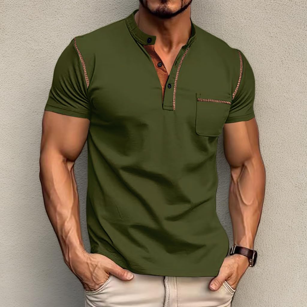 Photo 1 of XL Men's Henley Shirts Short Sleeve Casual Solid T-Shirts Summer Fashion with Pocket Green