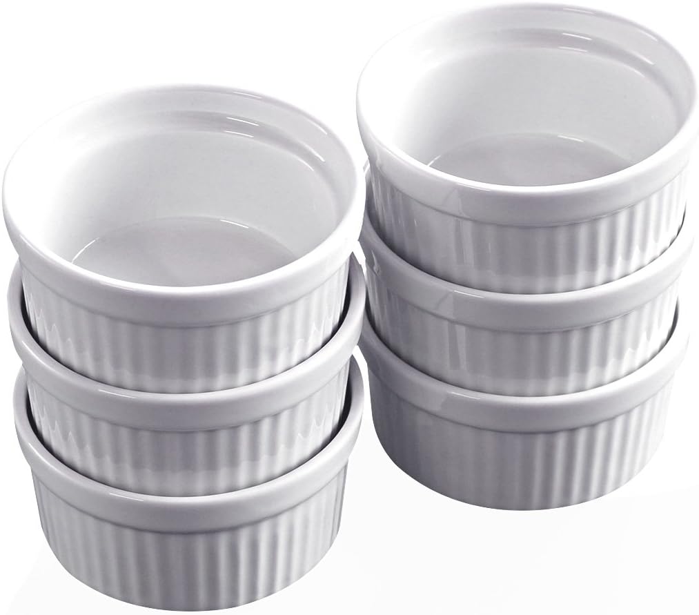 Cinf Ceramic Ramekin Set of 6 White 4 oz. Bowl Dishes Pudding Cup for Baking,Souffle Cups Dishes, Creme Brulee, Custard Cups, Desserts,Oven,Microwave,Freezer and Dishwasher Safe &hellip;