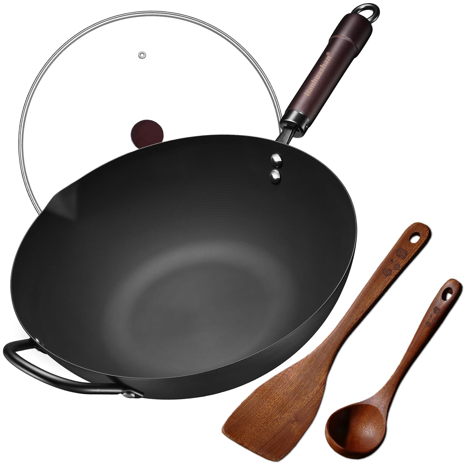 Photo 1 of Non Stick Carbon Steel Wok Pan - Kitchen Gift,13 Inch Frying Pan Woks & Stir-Fry Pans with Lid and Wooden Spatula Wooden Soup Ladle for Gas Stoves High Heat Cooking (13 Inch)