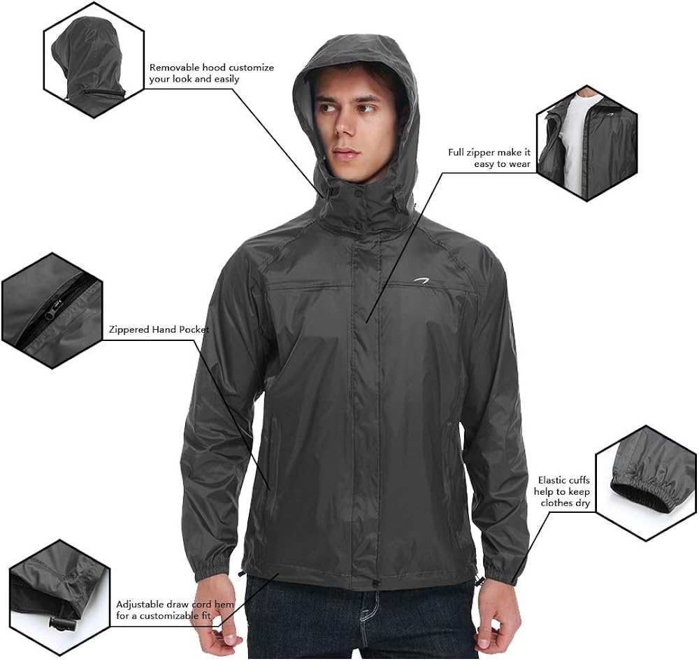 Men's Rain Jacket Waterproof with Hood Lightweight Packable Raincoat Windbreaker: Clothing