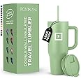 IRON °FLASK Co-Pilot Insulated Mug w/Straw & Flip Cap Lids - Cup Holder Bottle for Hot, Cold Drink - Leak-Proof - Water, Coffee Portable Travel Mug - Apple Green, 40 Oz