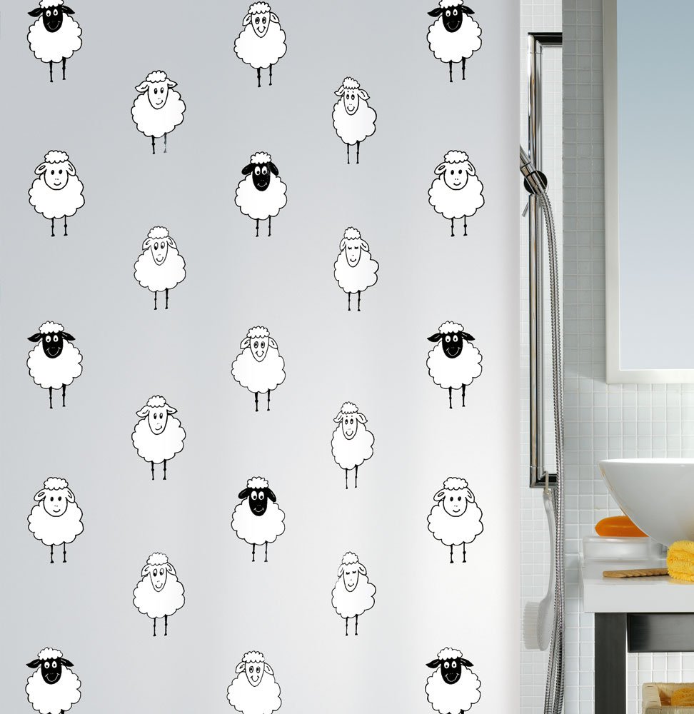 Spirella Lana PEVA Opaque Plastic Shower Curtain with Sheep Pattern, 180 x 200 cm, Black/White