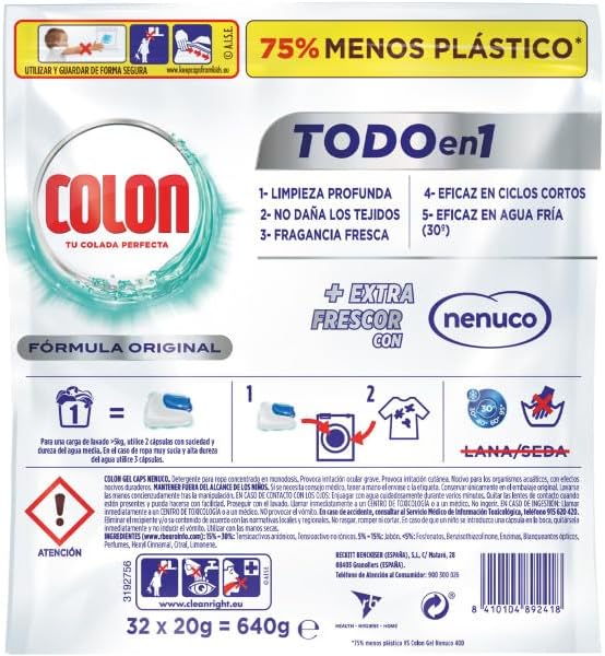 Tampas Total Power Gel Detergente para Máquina de Lavar Nenuco, Aroma Nenuco, Formato de Cápsula - 32 Doses, A embalagem pode variar