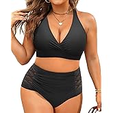 Yonique Women Plus Size 2 Piece High Waisted Bikini Tummy Control Swimsuit