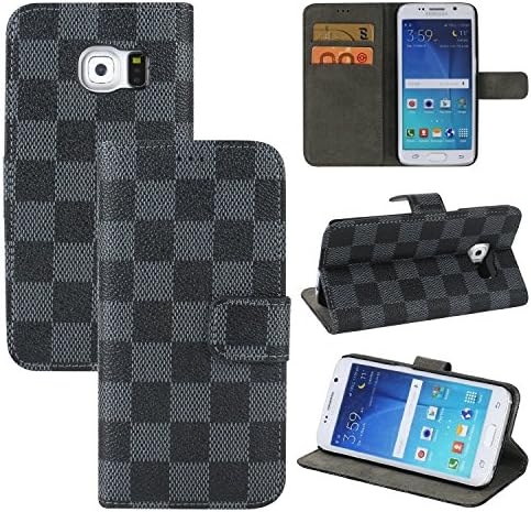 Galaxy S7 Edge Case, SAFODO[Kickstand Feature] [Grid Pattern] Premium PU Leather Wallet Case Flip Cover for Samsung Galaxy S7 Edge, [Gray/Black]