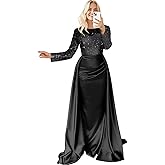 Long Sleeve Satin Prom Dresses for Women 2026 Mermaid Sequin Mock Neck Formal Evening Party Gown with Slit