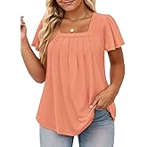 VISLILY Womens-Plus-Size-Summer-Tops Casual Ruffle Sleeve T Shirts Trendy Square Neck Tunics Loose Comfy Pleated Tees
