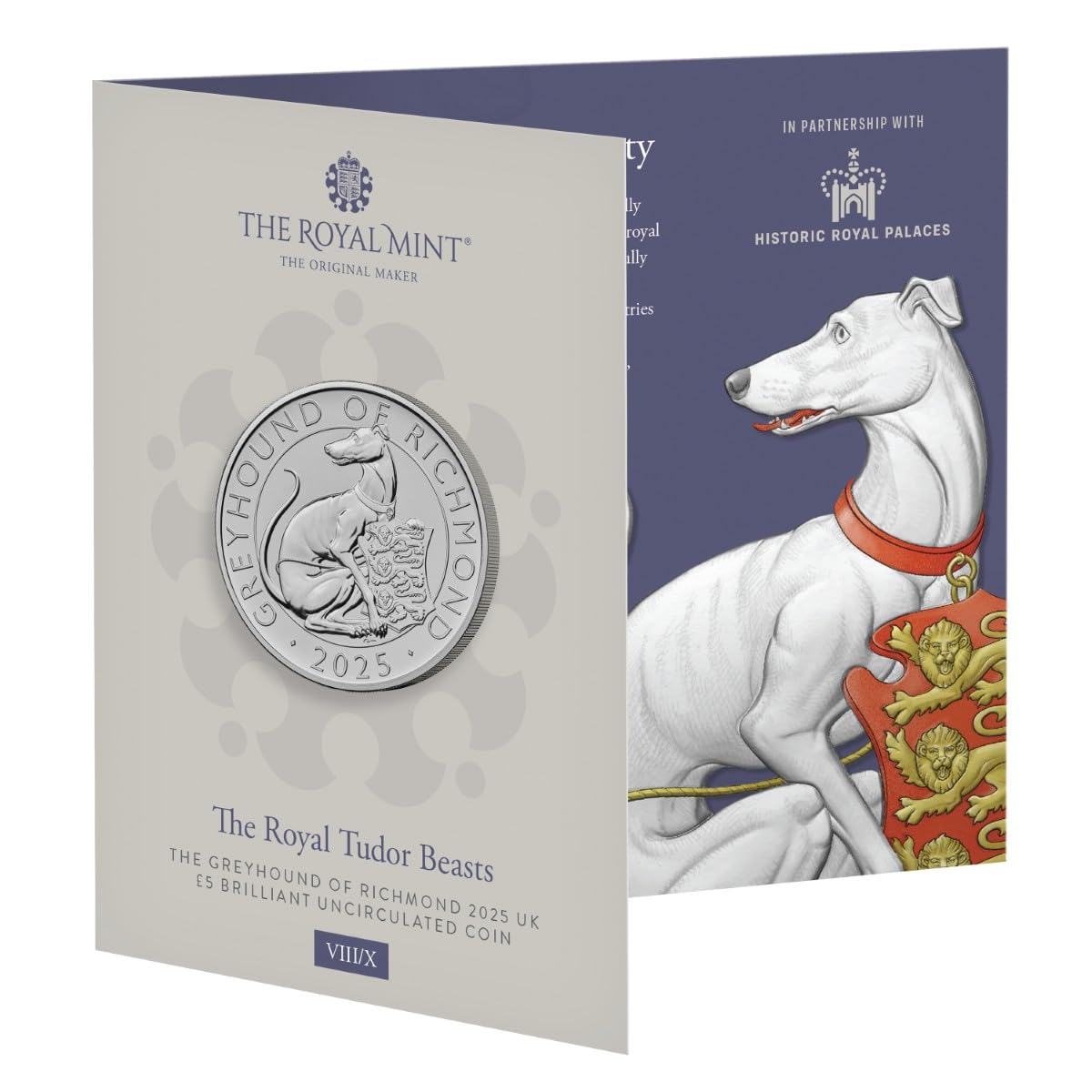 CrawleyCoins 2025 Royal Tudor Beasts 08 Greyhound of Richmond ยฃ5 Brilliant Uncirculated Coin in Mint Sealed Pack