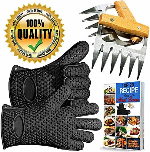 Bear Claws - BBQ Pulled Pork Metal Meat Shredder for Shredding / Lifting Chicken, Strongest Wooden Handle Stainless Steel Handling Forks + Premium Black Heat Resistant Cooking Gloves + Ebook (5pc Set)