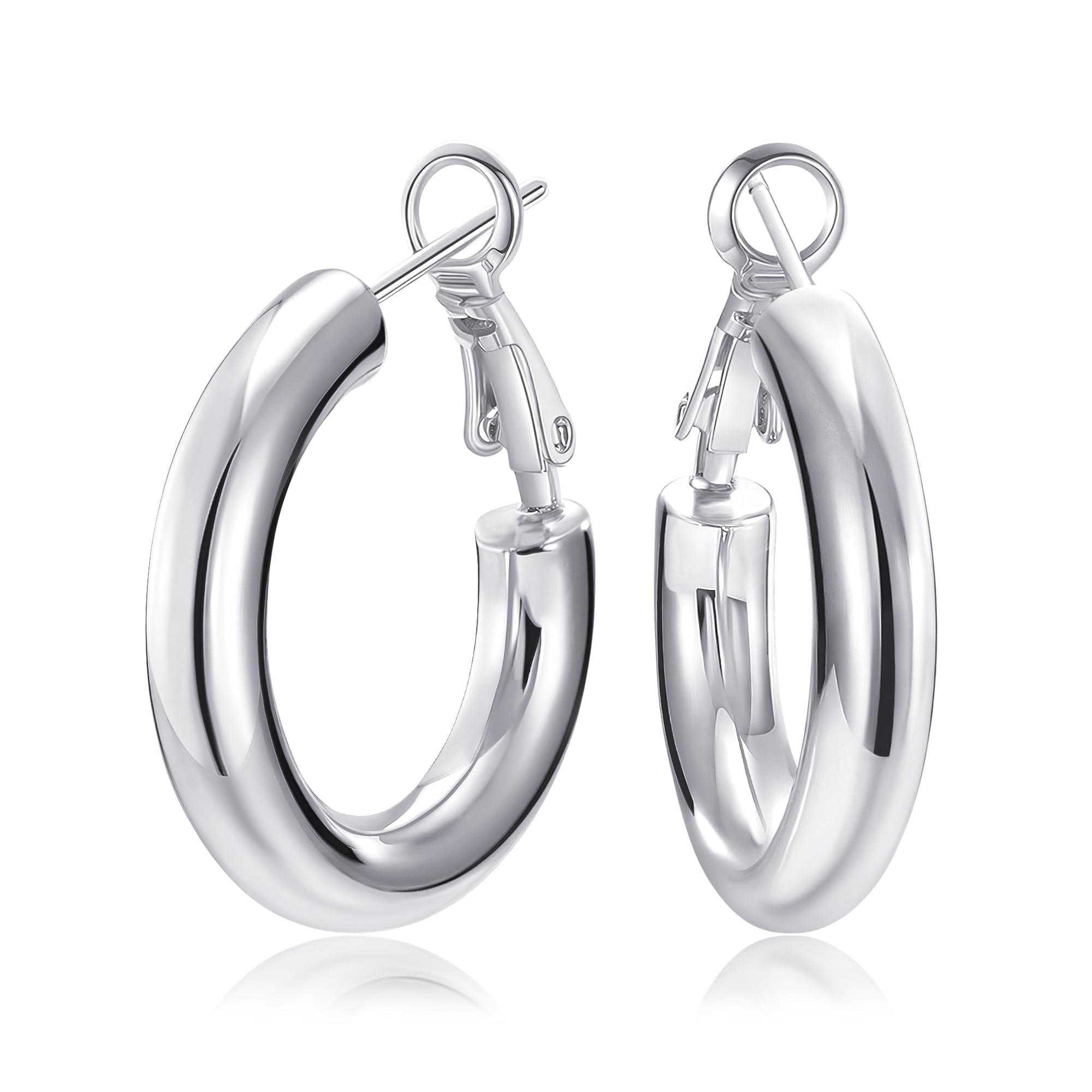 SHOWNII Chunky Silver Hoop Earrings - 14K Gold Plated Earrings for Women Hollow Tube Thick Hoops Graduation Gifts for Her