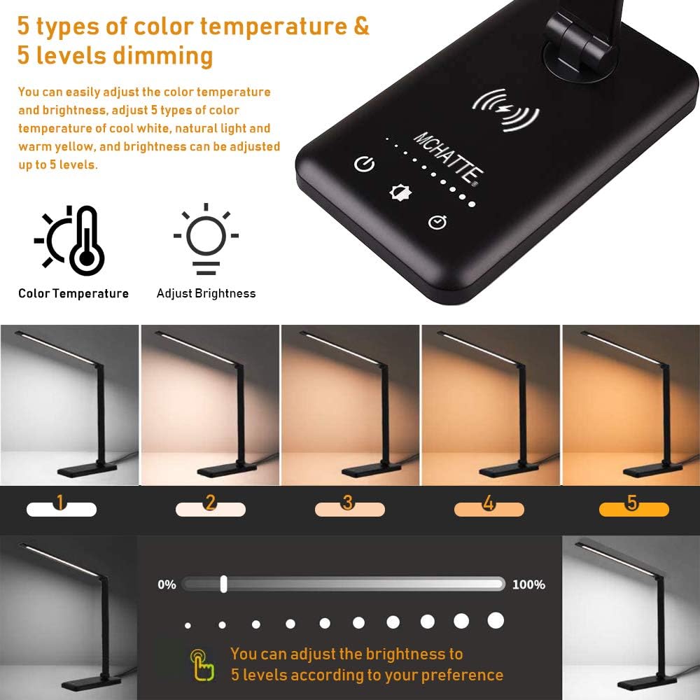 MCHATTE LED Desk Lamp with Wireless Charger, USB Charging Port, Dimmable Eye-Caring Desk Light with 5 Brightness Levels & 5 Lighting Modes, Touch Control, Auto Timer (Black): Home & Kitchen