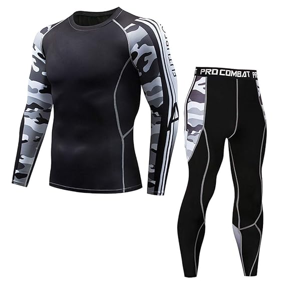 Gusspower Sportunterwäsche Set Herren, Lange Funktionswäsche Thermo Unterwäsche Atmungsaktiv Camouflage Unterwäsche Workout S
