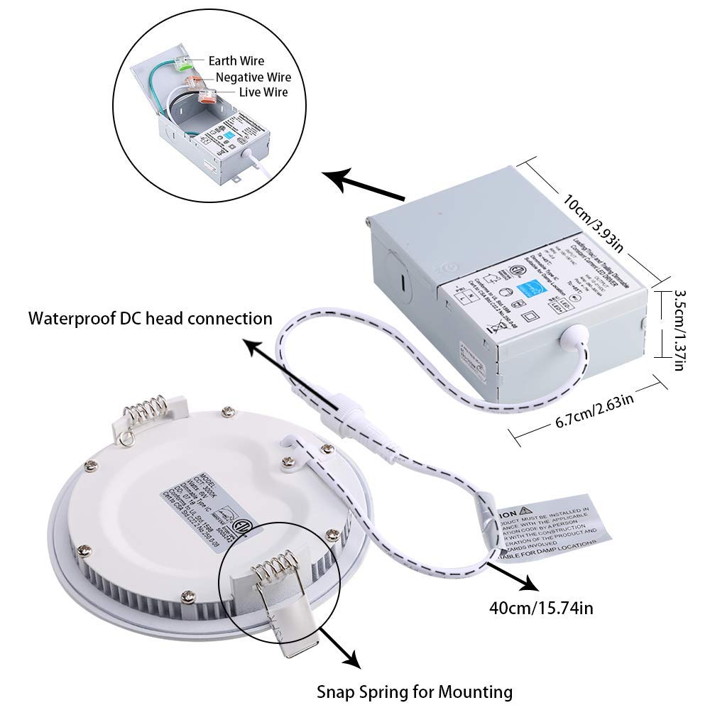 ECOWHO 6W 4 Inch Recessed Ceiling Lights with Junction Box, Dimmable Round LED Panel Lights, 480LM for Home Office Commercial Lighting (3000K Warm White)