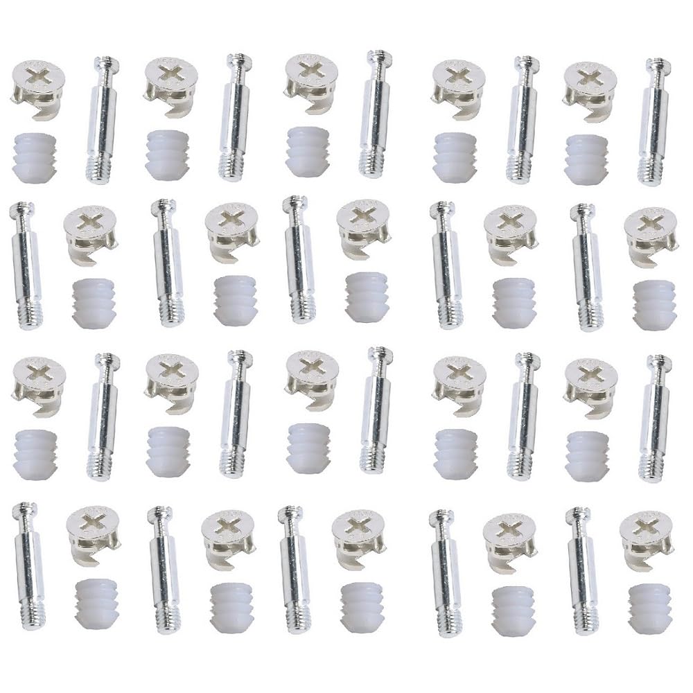 Merriway BH06262 (60-Piece) Flat Pack Furniture Cabinet Fixing Kit - Locking Cam Bolt Nuts BZP (15 mm x 12 mm), Dowels BZP (M6 x 45 mm), Nylon Threaded Cam Inserts - 20 of Each Piece