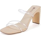 IDIFU IN3 High Heels Strappy Chunky Block Heels Square Toe Three Strap Slip On Heels Comfortable Slides Heeled Sandals Sexy Wedding Party Dress Shoes Open Toe Mules Heels for Women