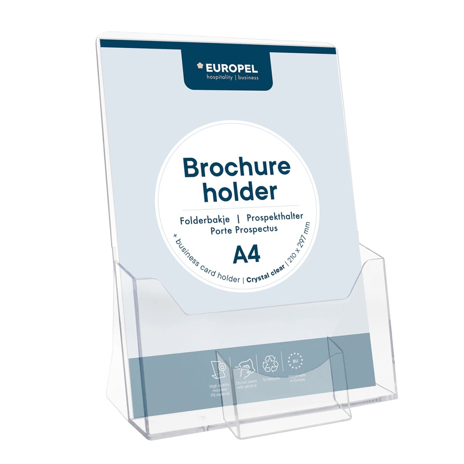 EUROPEL Leaflet & Brochure Holder With Business Card Compartment For A4 Size Literature, Crystal Clear Acrylic Construction, Booklet, Flyer & Menu Display & Dispenser, Portrait