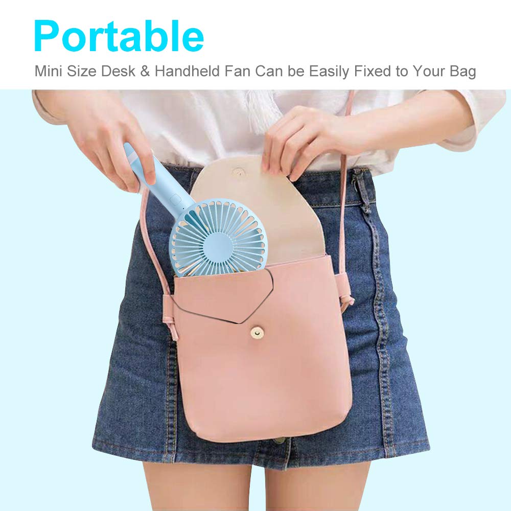 Mini Desk Fan Handheld Fan, Whisper Quiet Portable Personal USB Little Fan with Phone Holder, 2000mA Rechargeable Operated Battery, 3 Speeds Small Fan for Home, Office, Outdoor or Travel(Blue07)