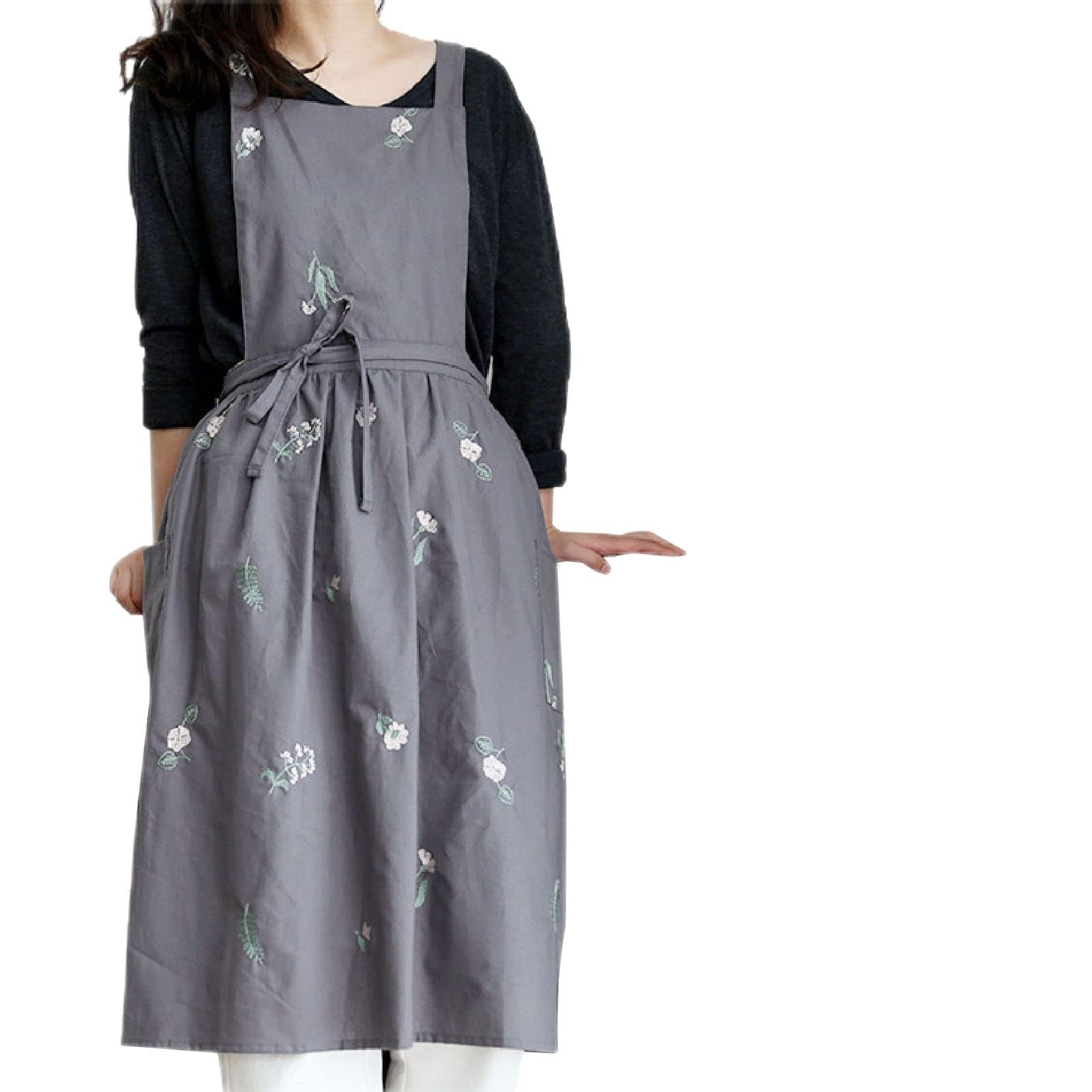 Mumusuki Cross Back Aprons for Women, Japanese Cotton Apron with Pockets Cooking Apron for Home Kitchen Coffee Shop (Dark Grey)