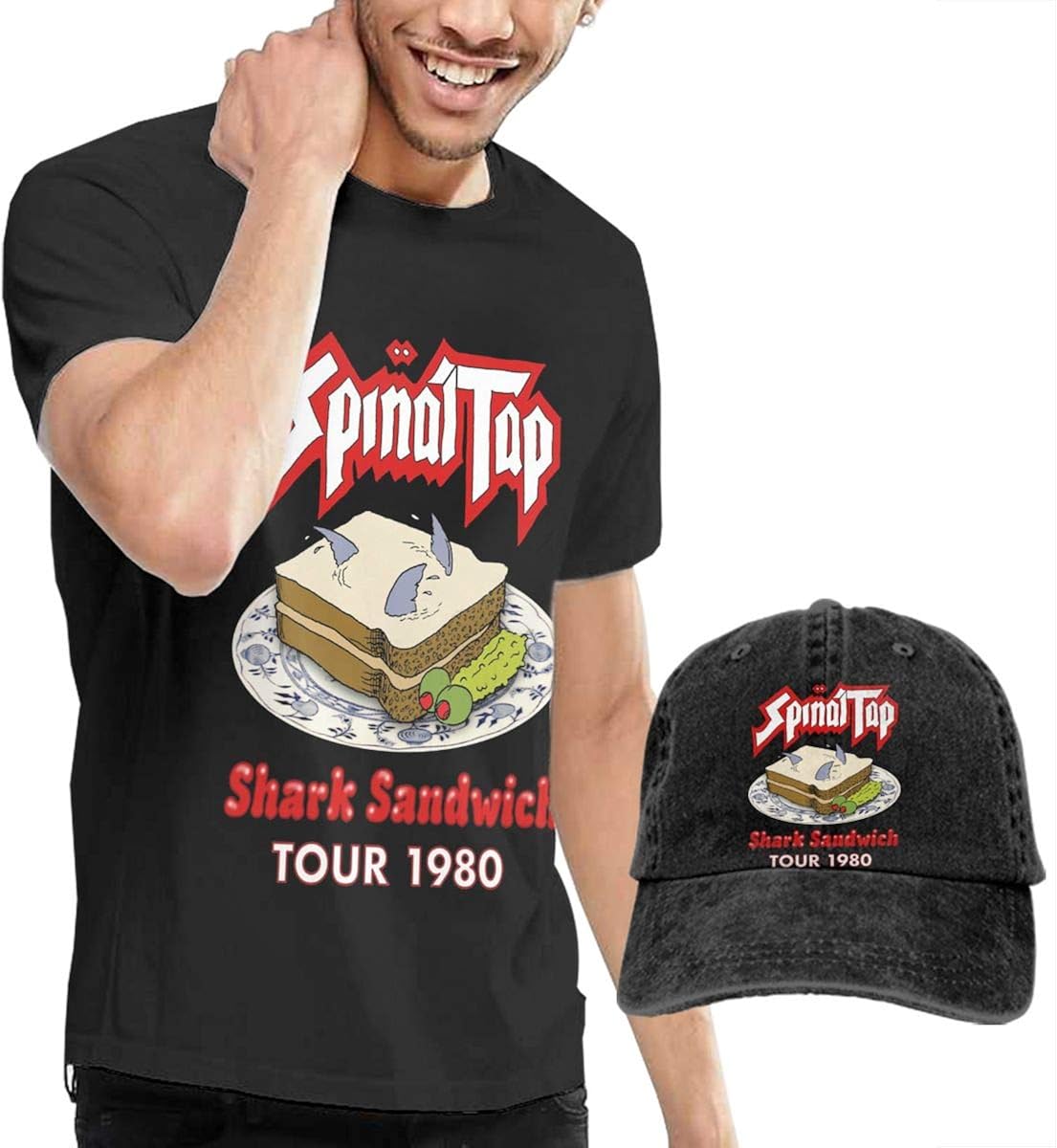 Dingtai Spinal Tap - Shark Sandwich Tour 1980 Men's Short Sleeve T Shirt and Adult Washed Cowboy Hat